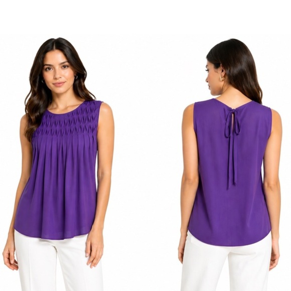 Ann Taylor LOFT Purple Smocked Pleated Sleeveless Blouse Tie Back S Preppy 55-45